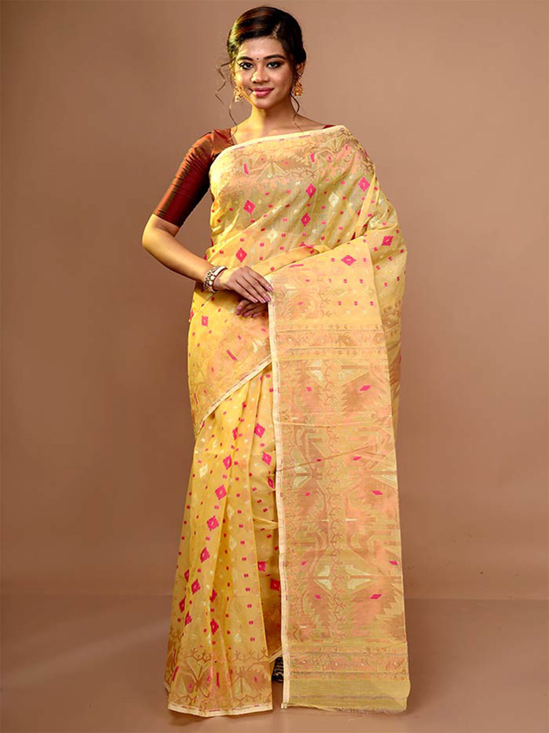 

AllSilks Ethnic Woven Design Pure Cotton Taant Saree, Yellow