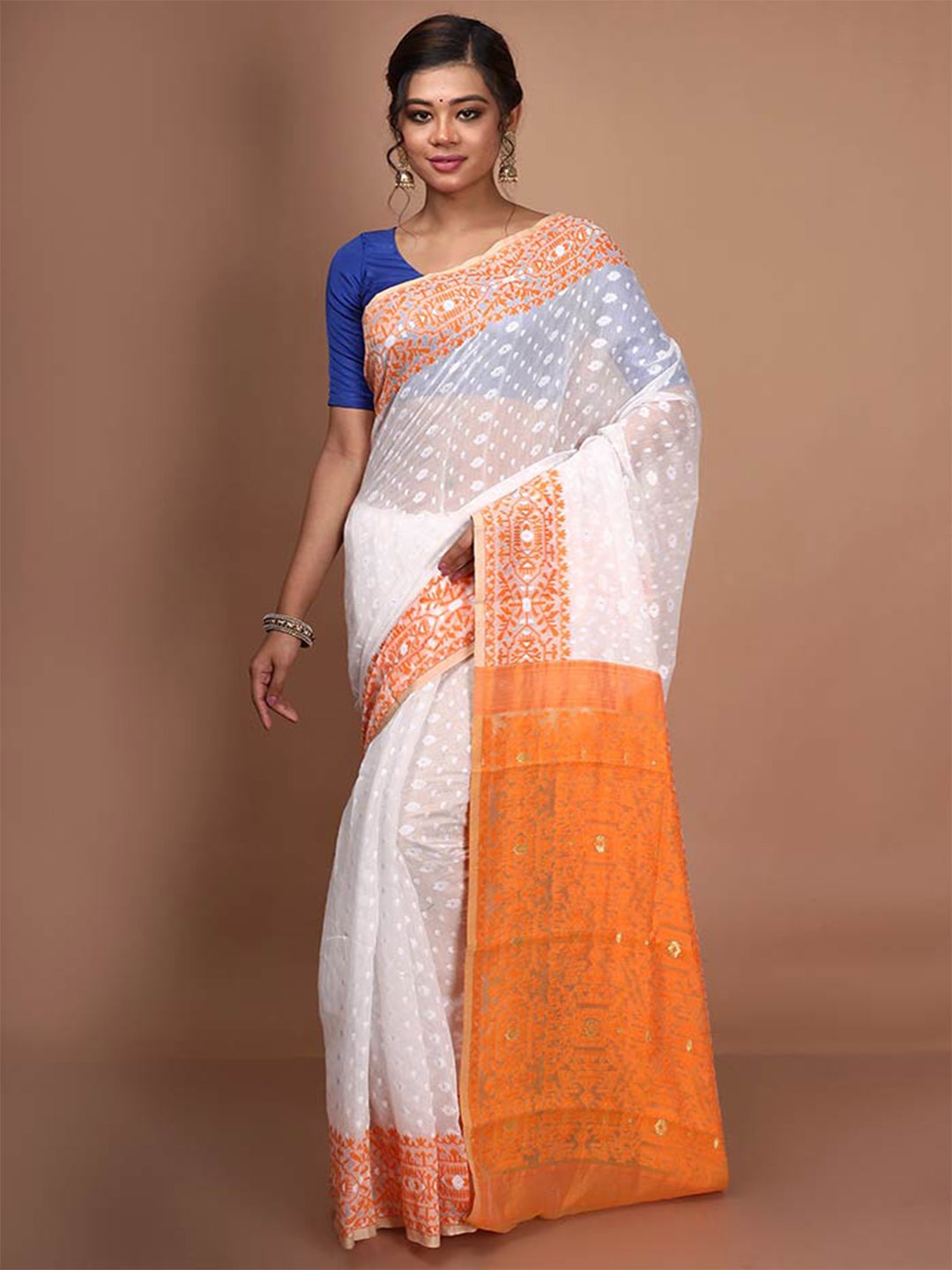 

AllSilks Ethnic Motif Pure Cotton Taant Saree, White