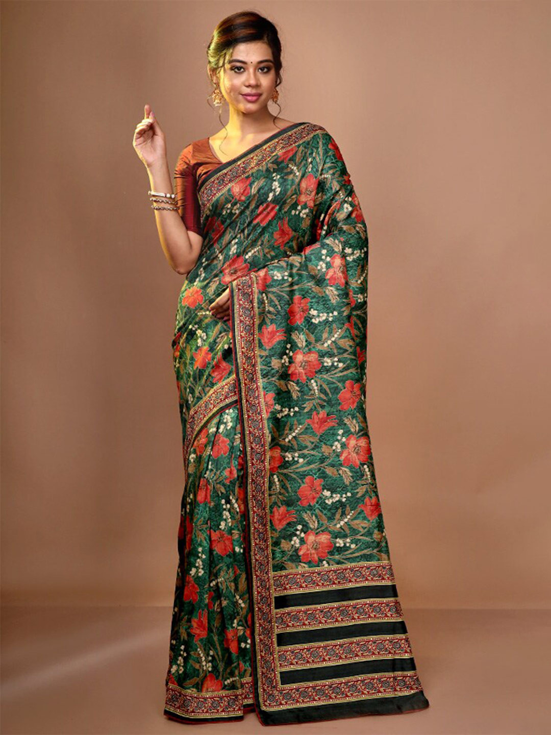 

AllSilks Floral Printed Pure Silk Saree, Green