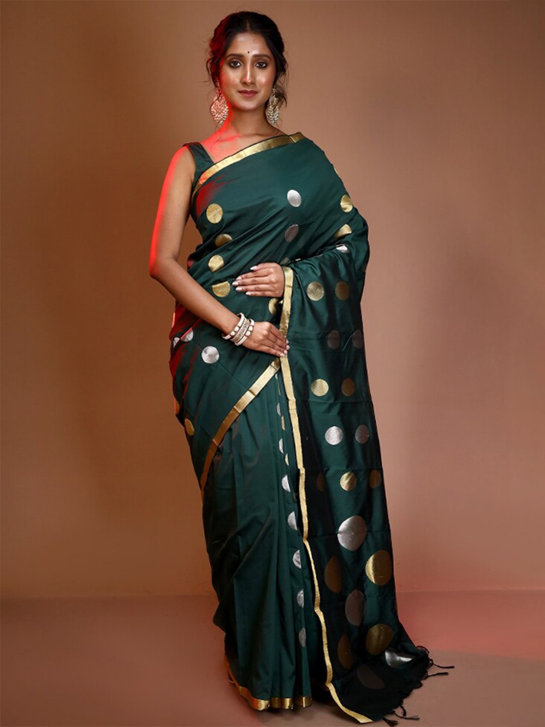 

AllSilks Geometric Woven Design Zari Pure Silk Kanjeevaram Saree, Green