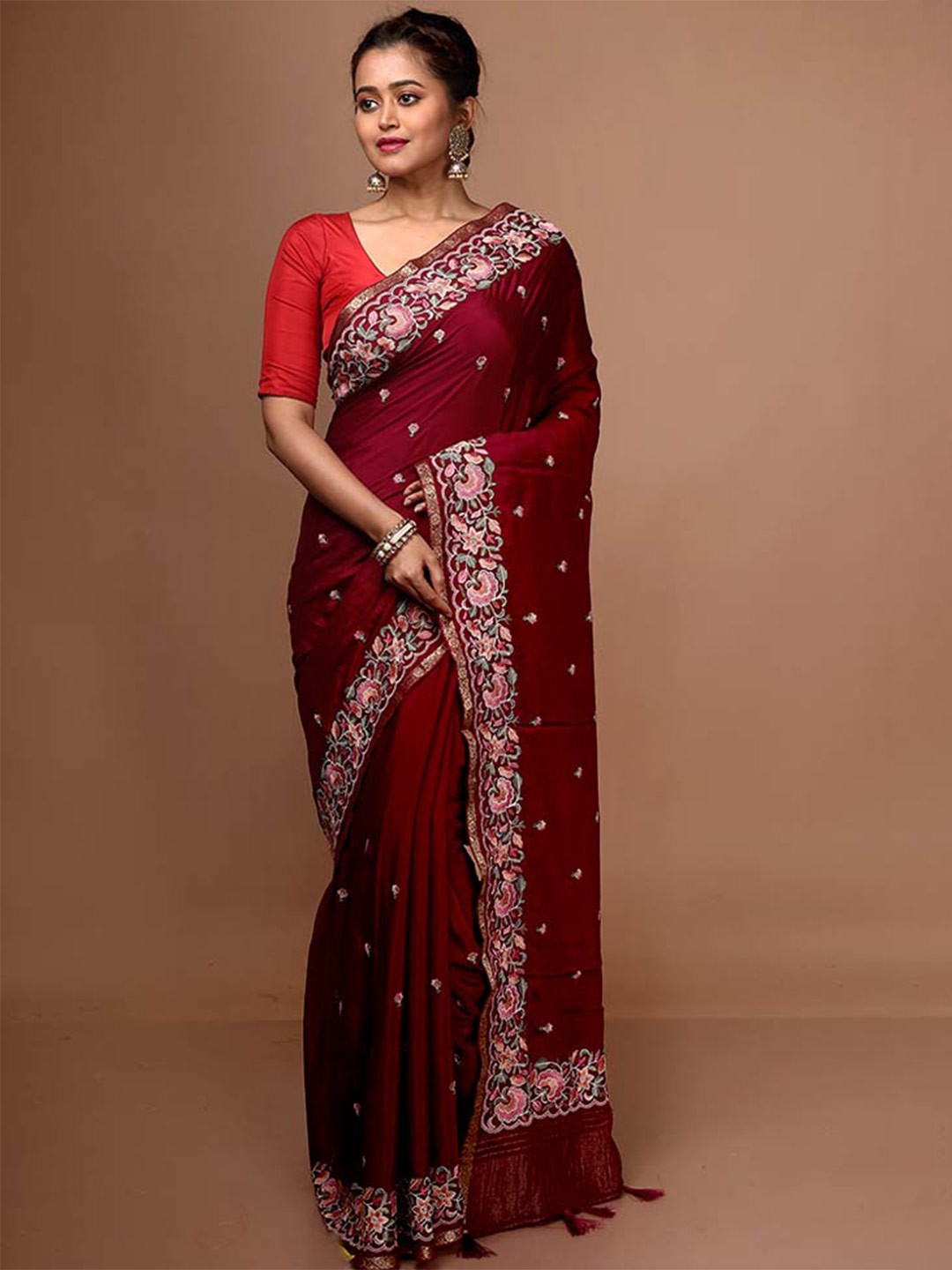 

AllSilks Floral Embroidered Pure Silk Saree, Maroon