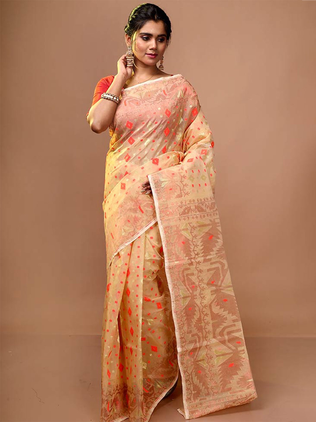 

AllSilks Floral Woven Design Zari Pure Cotton Taant Saree, Yellow