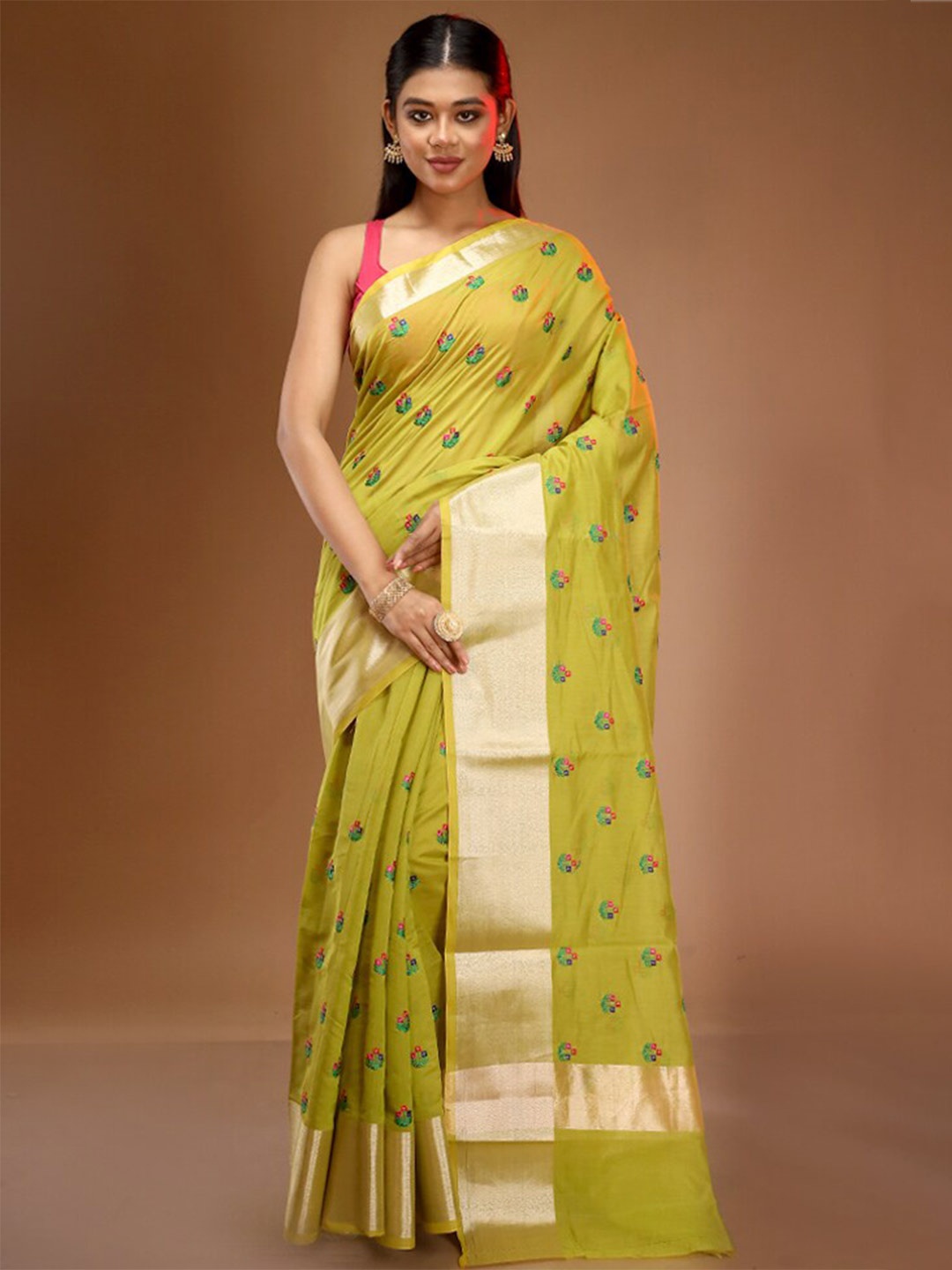 

AllSilks Floral Embroidered Zari Polycotton Saree, Green