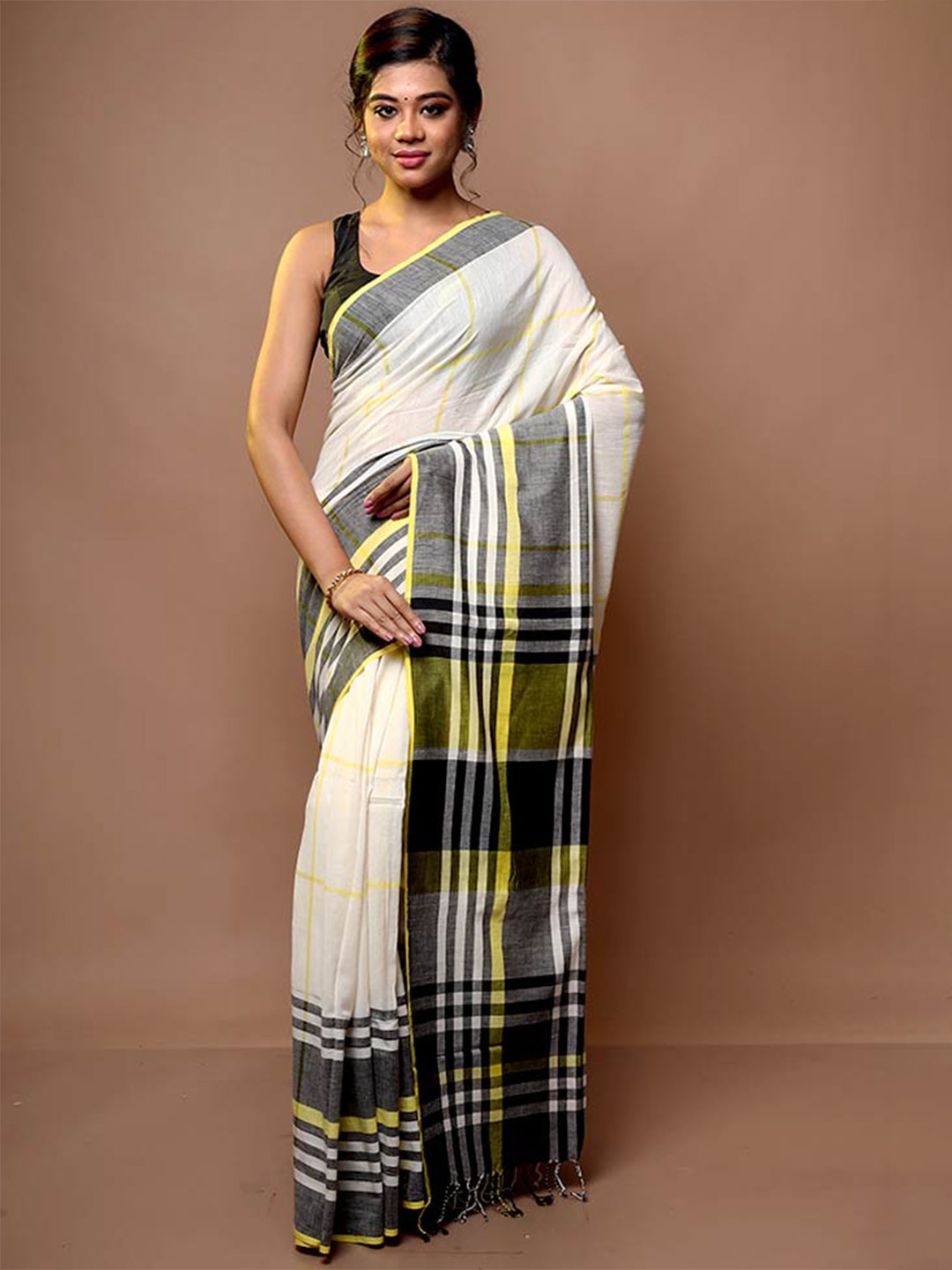 

AllSilks Checked Polycotton Saree, White
