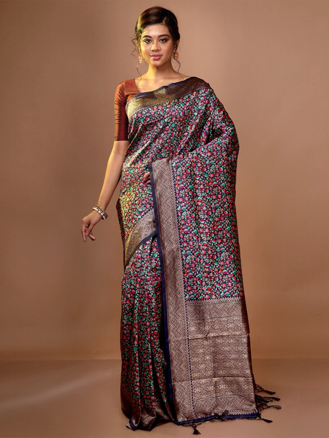 

AllSilks Floral Zari Dupion Silk Saree, Navy blue