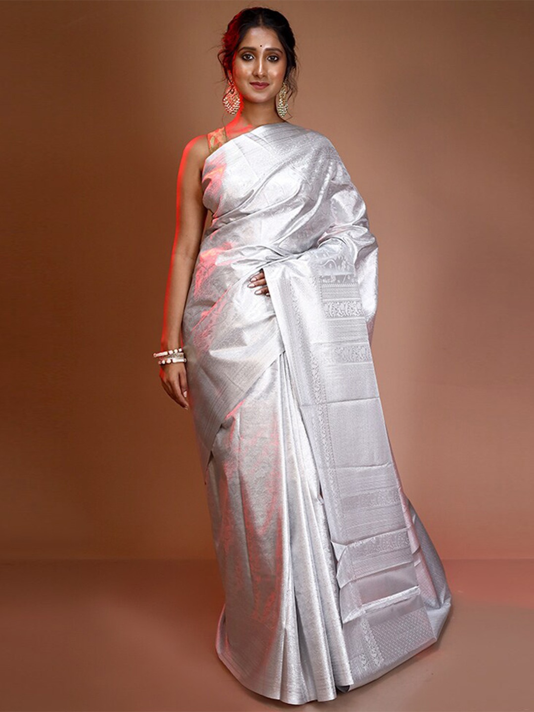 

AllSilks Woven Design Zari Pure Silk Kanjeevaram Saree, Silver