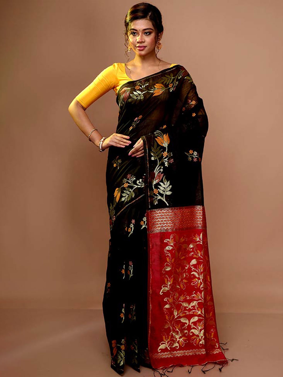 

AllSilks Floral Woven Design Zari Saree, Black