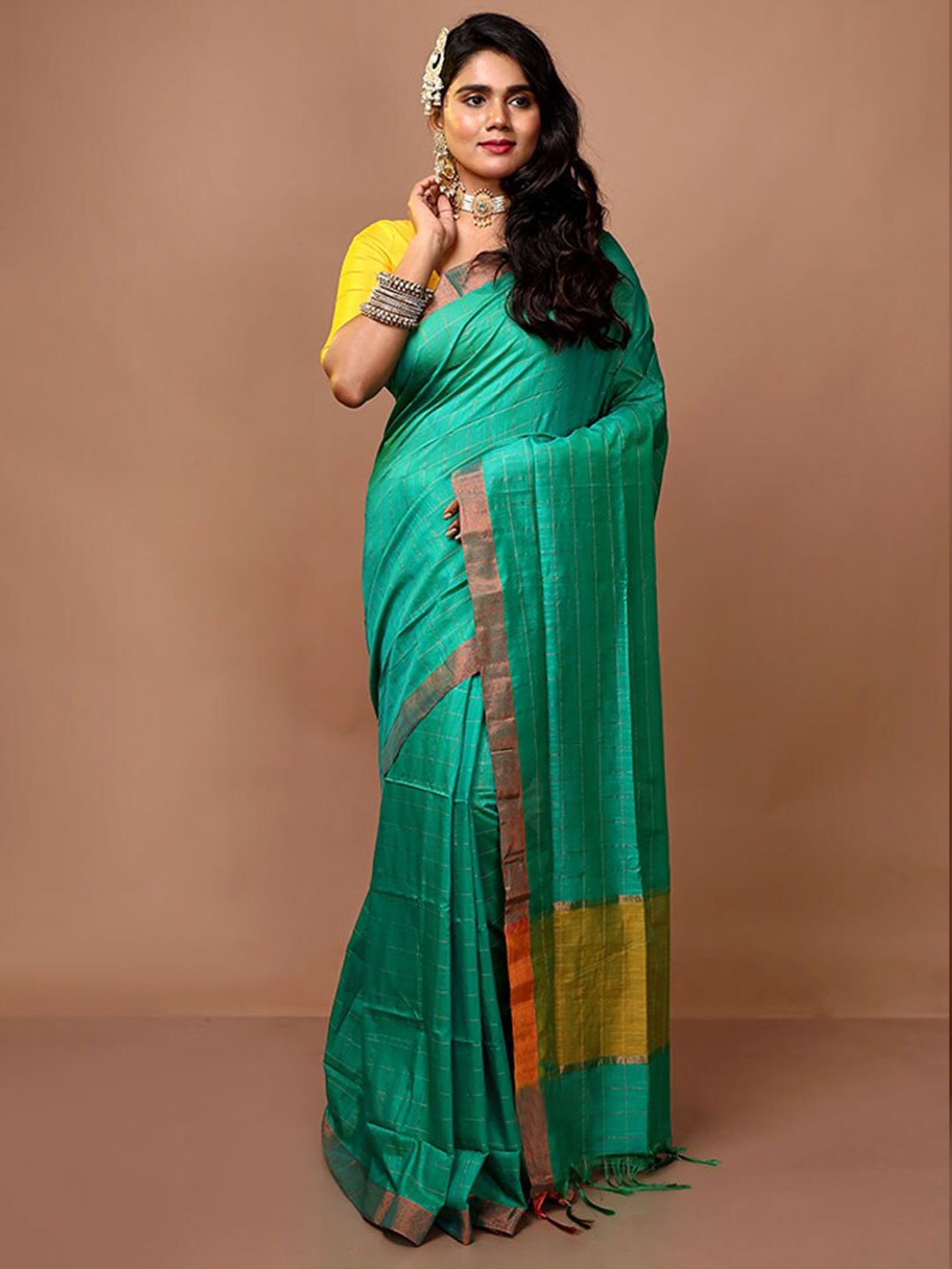 

AllSilks Striped Zari Dupion Silk Saree, Green