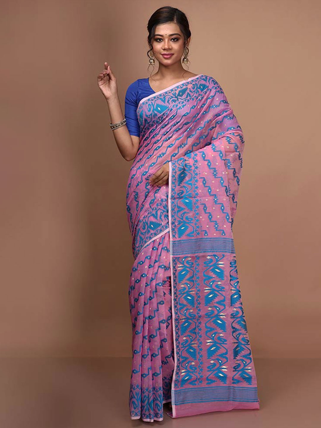 

AllSilks Woven Design Pure Cotton Taant Saree, Pink