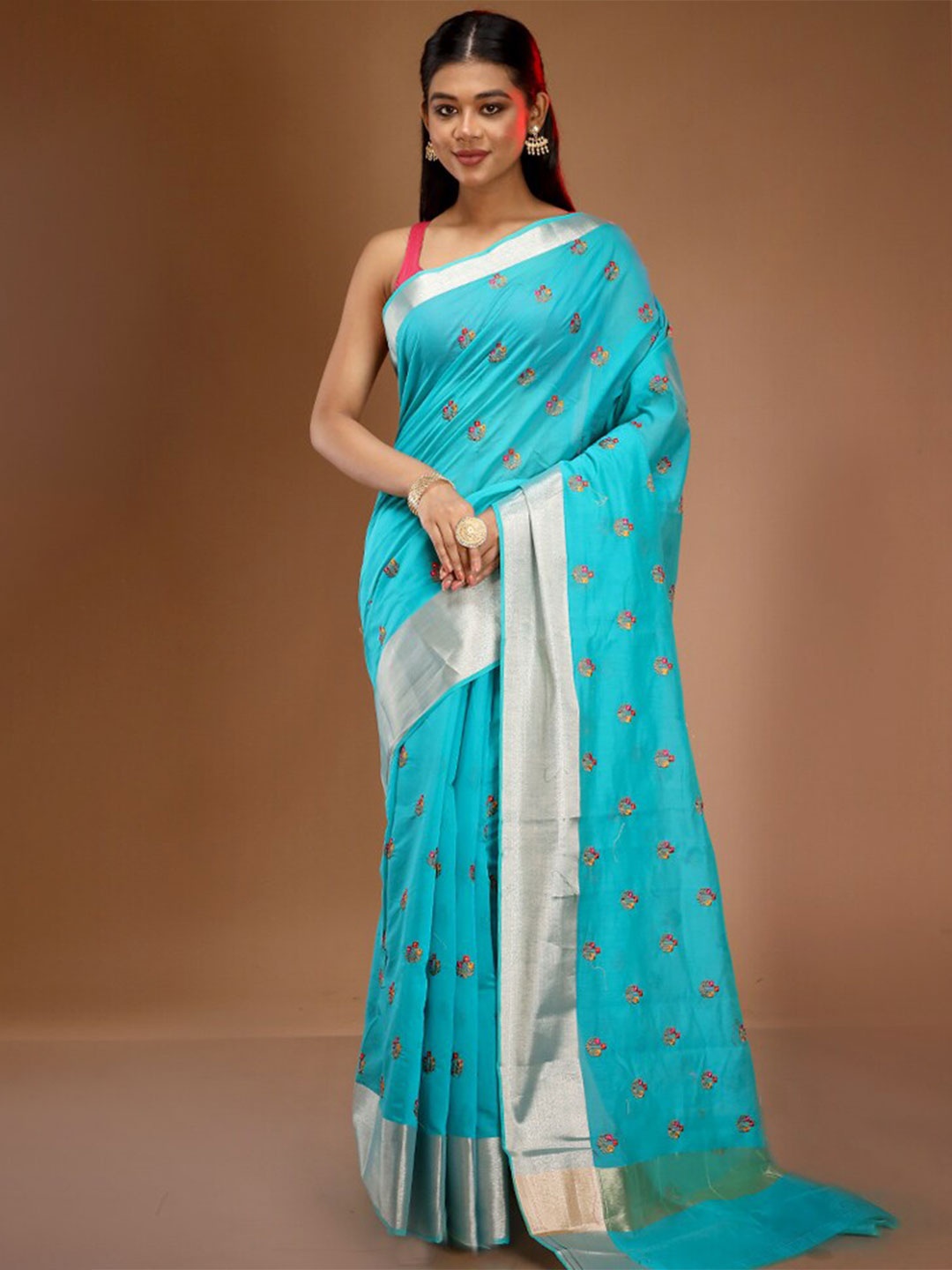 

AllSilks Floral Embroidered Zari Saree, Blue
