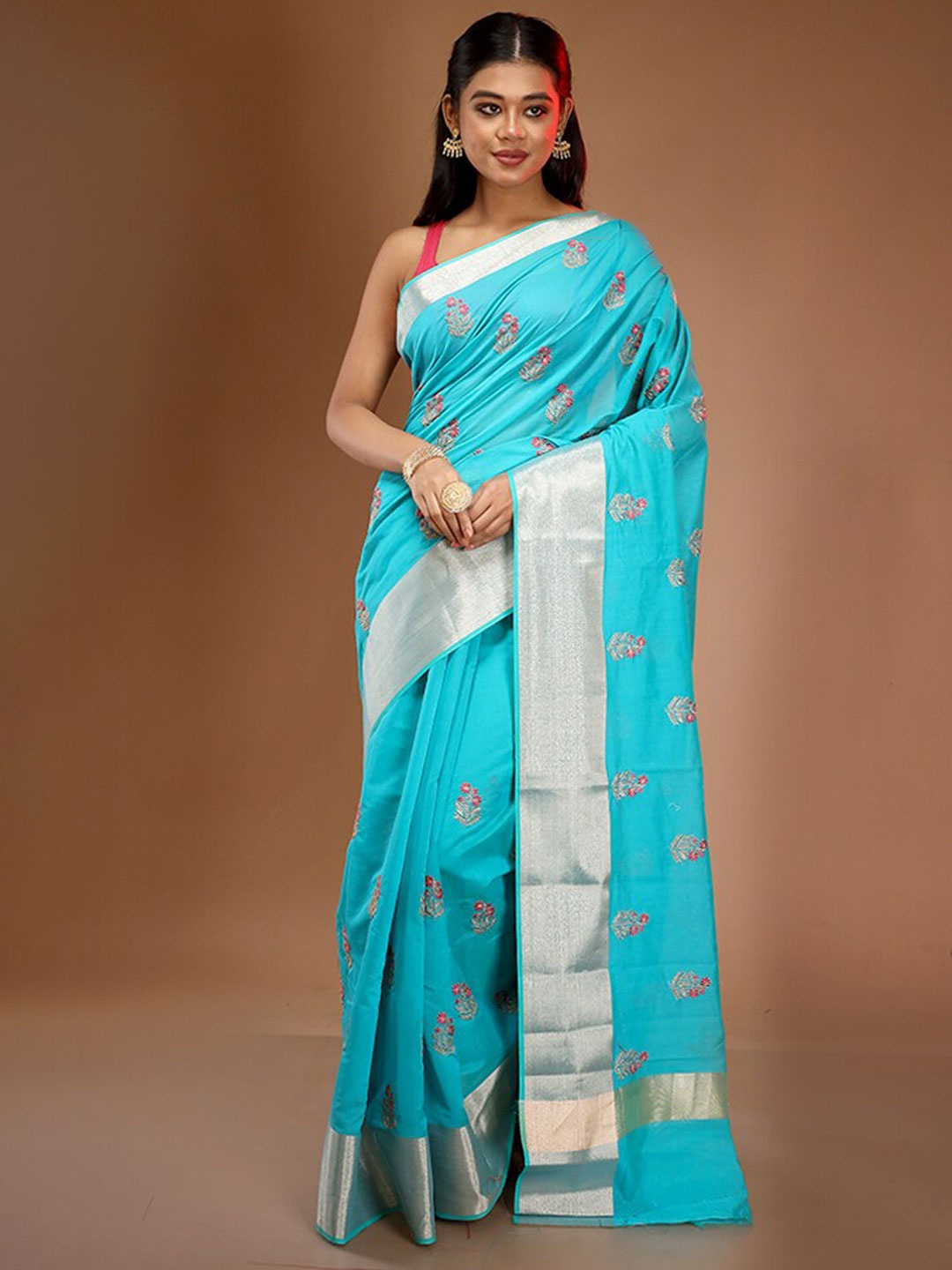 

AllSilks Floral Embroidered Zari Saree, Blue
