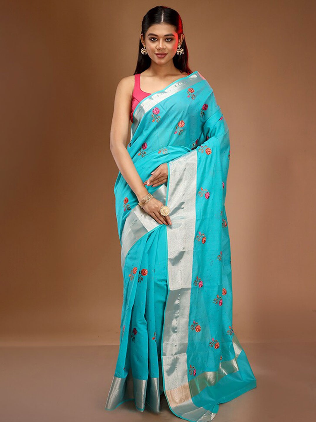 

AllSilks Floral Embroidered Zari Saree, Pink