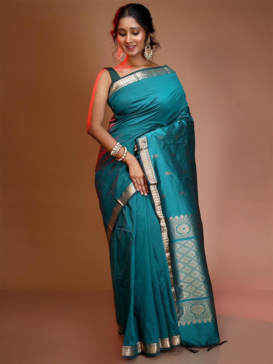 

AllSilks Ethnic Woven Design Zari Pure Silk Kanjeevaram Saree, Teal