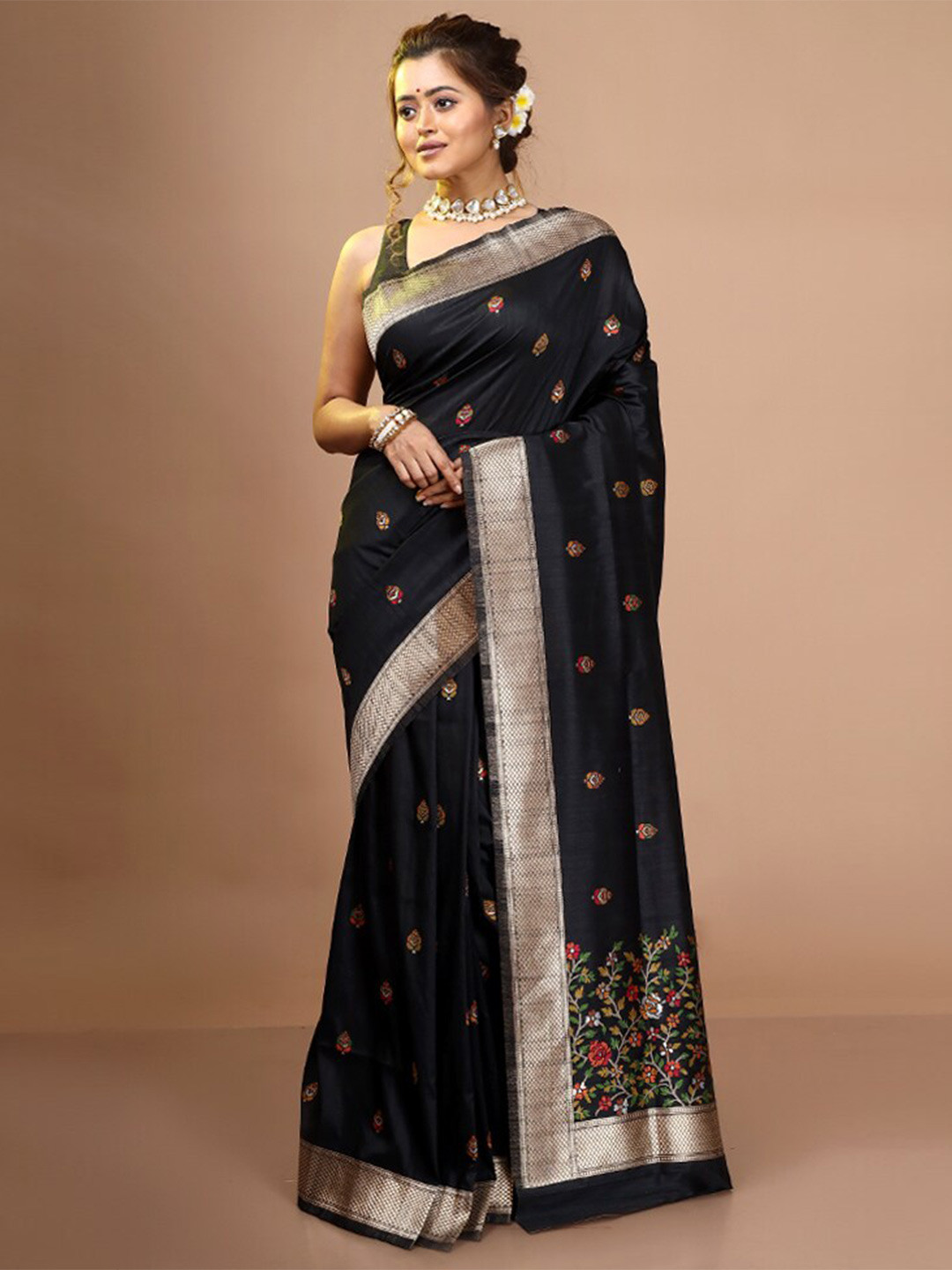 

AllSilks Floral Zari Saree, Black