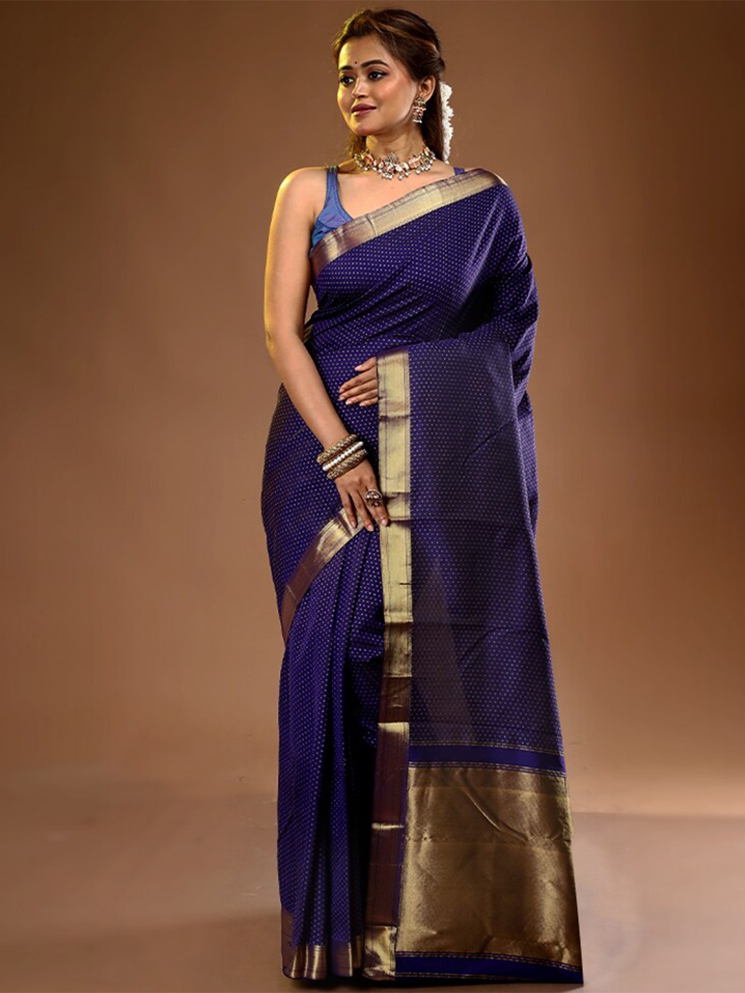 

AllSilks Polka Dot Woven Design Zari Pure Silk Kanjeevaram Saree, Blue