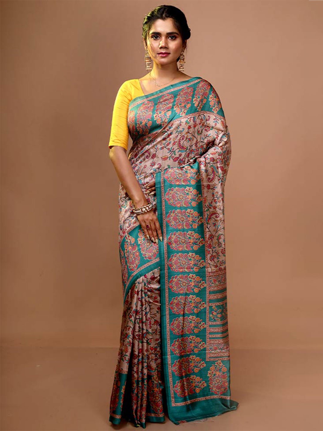 

AllSilks Floral Printed Pure Silk Block Print Saree, Cream