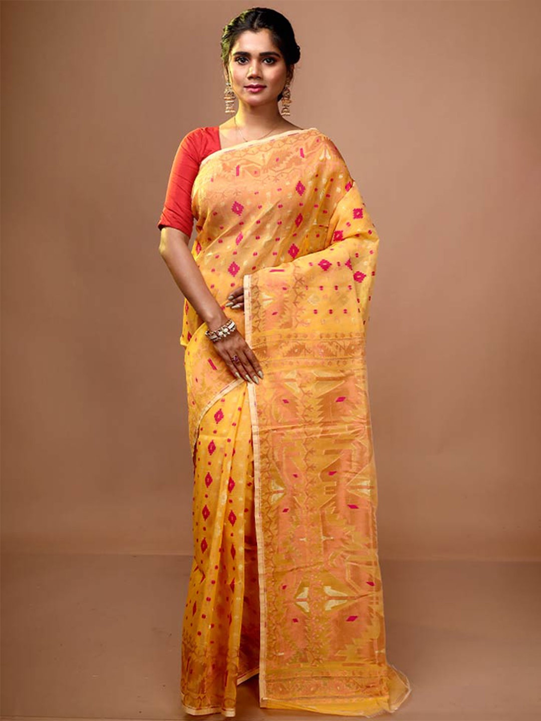 

AllSilks Woven Design Zari Pure Cotton Taant Saree, Cream