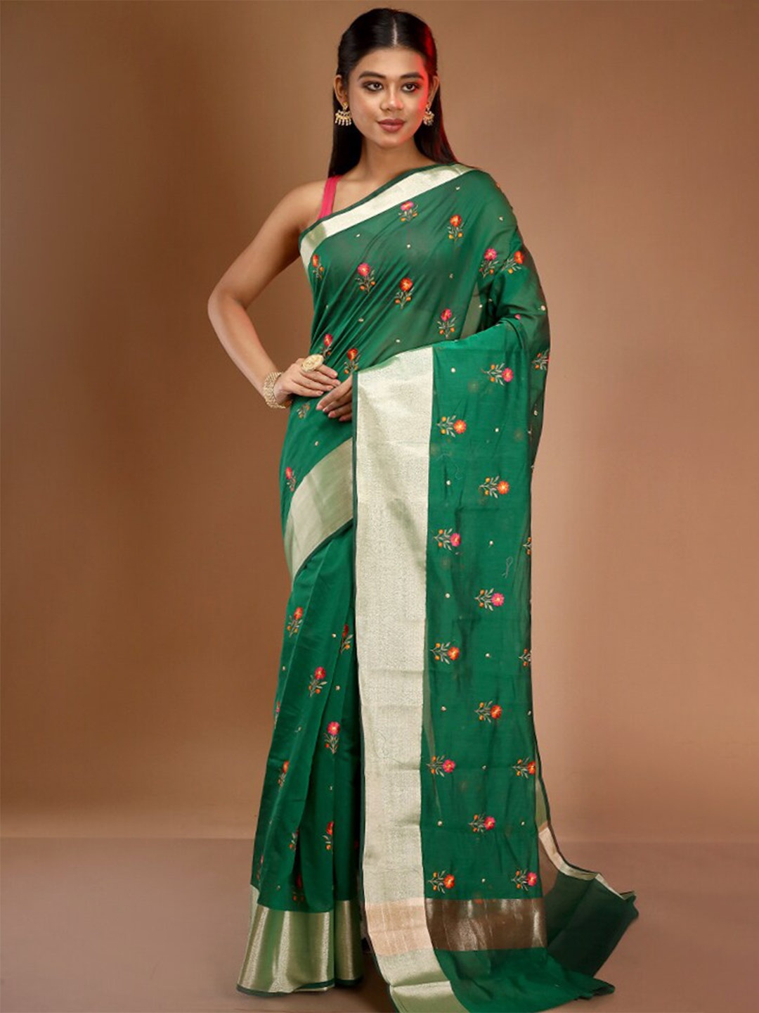 

AllSilks Floral Embroidered Zari Saree, Green