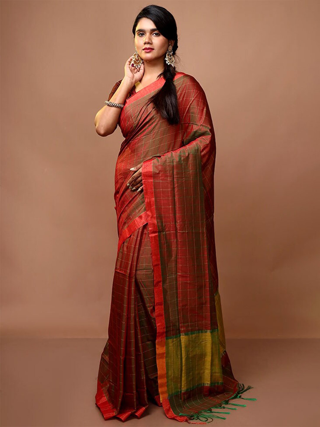 

AllSilks Checked Art Silk Saree, Red