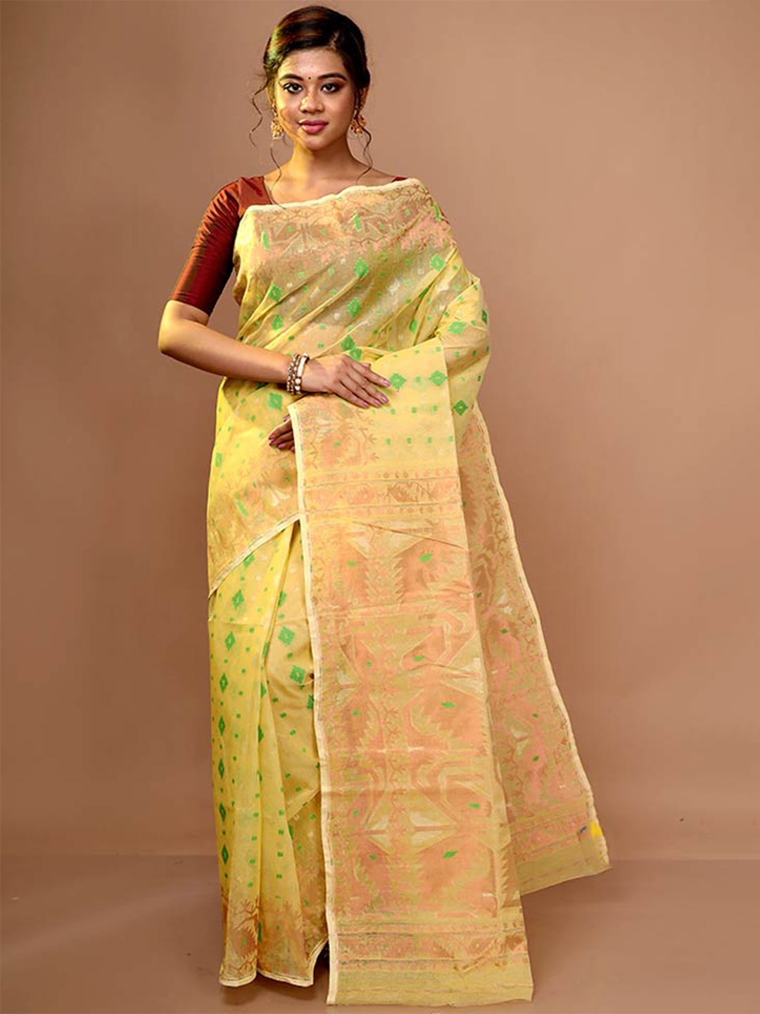 

AllSilks Ethnic Woven Design Zari Pure Cotton Taant Saree, Yellow