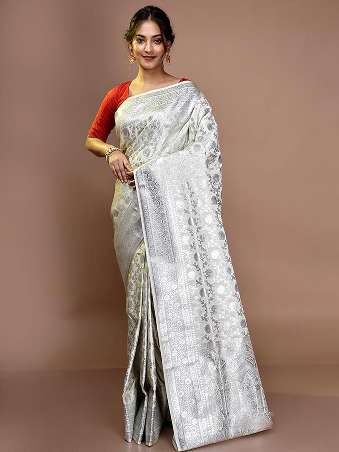 

AllSilks Ethnic Woven Design Zari Pure Silk Banarasi Saree, White