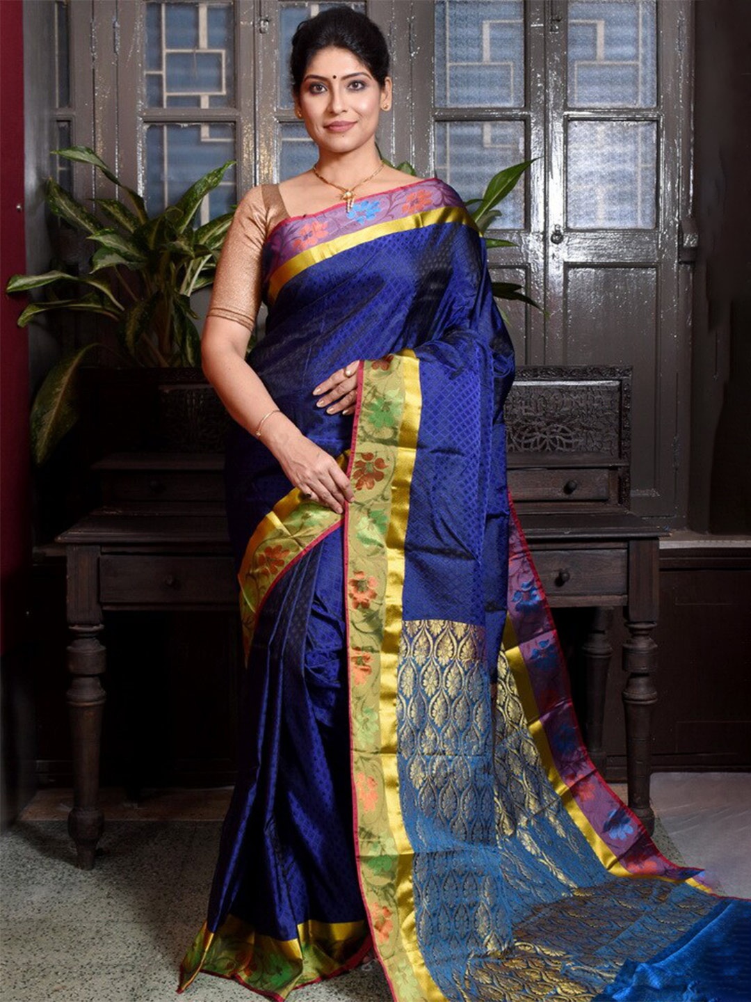 

AllSilks Ethnic Motif Zari Pure Silk Kanjeevaram Saree With Blouse Piece, Blue