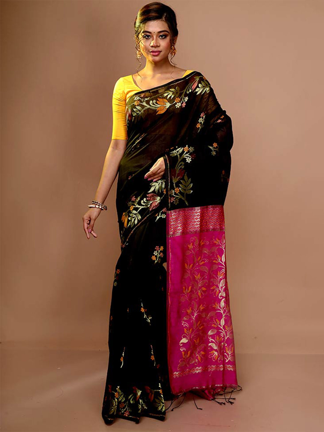 

AllSilks Floral Woven Design Zari Saree, Black