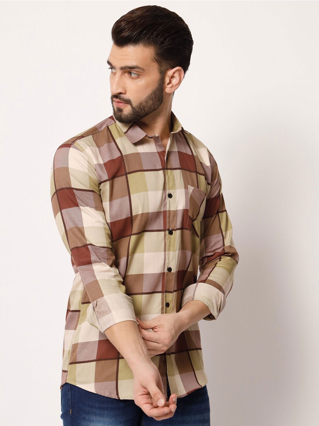 

SURHI Spread Collar Smart Opaque Checked Casual Shirt, Brown