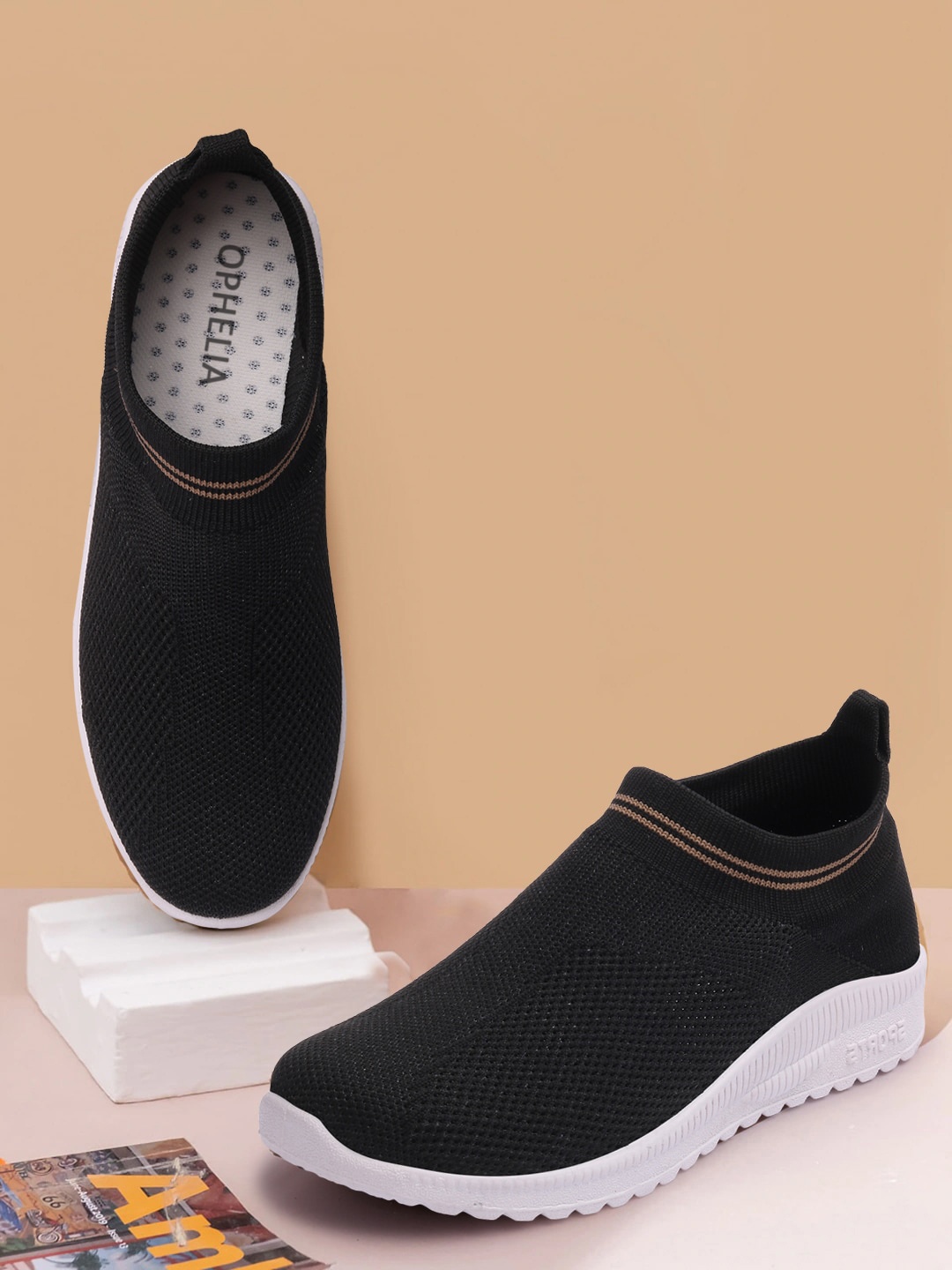 

OPHELIA Women Woven Design Lightweight Slip-On Sneakers, Black