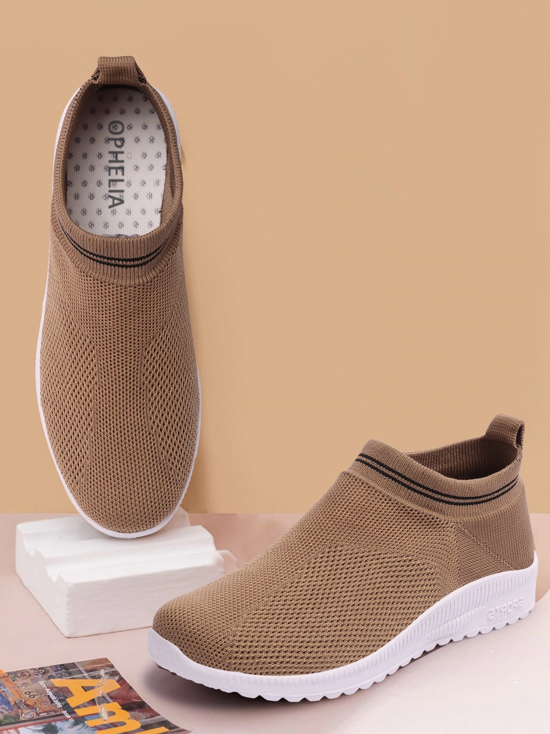 

OPHELIA Women Woven Design Lightweight Slip-On Sneakers, Tan