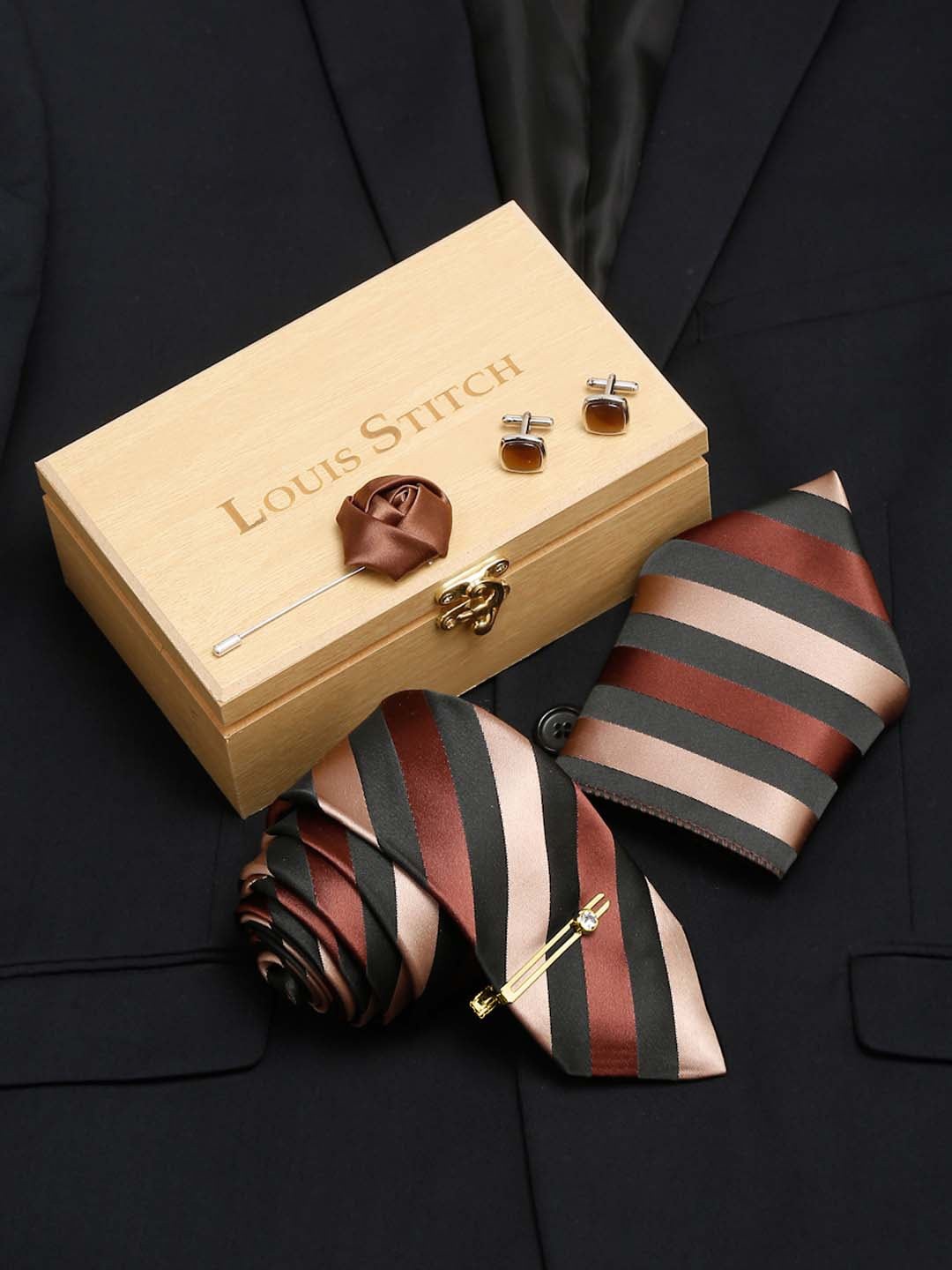 

LOUIS STITCH Men Suave Beige Italian Silk Necktie Accessory Gift Set, Brown