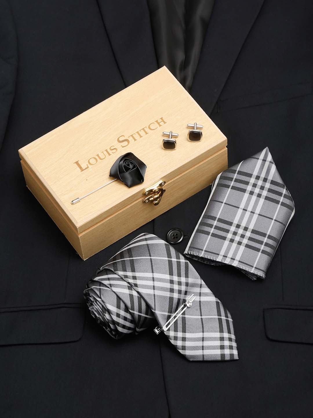 

LOUIS STITCH Men Silk Necktie Accessory Gift Set, Grey