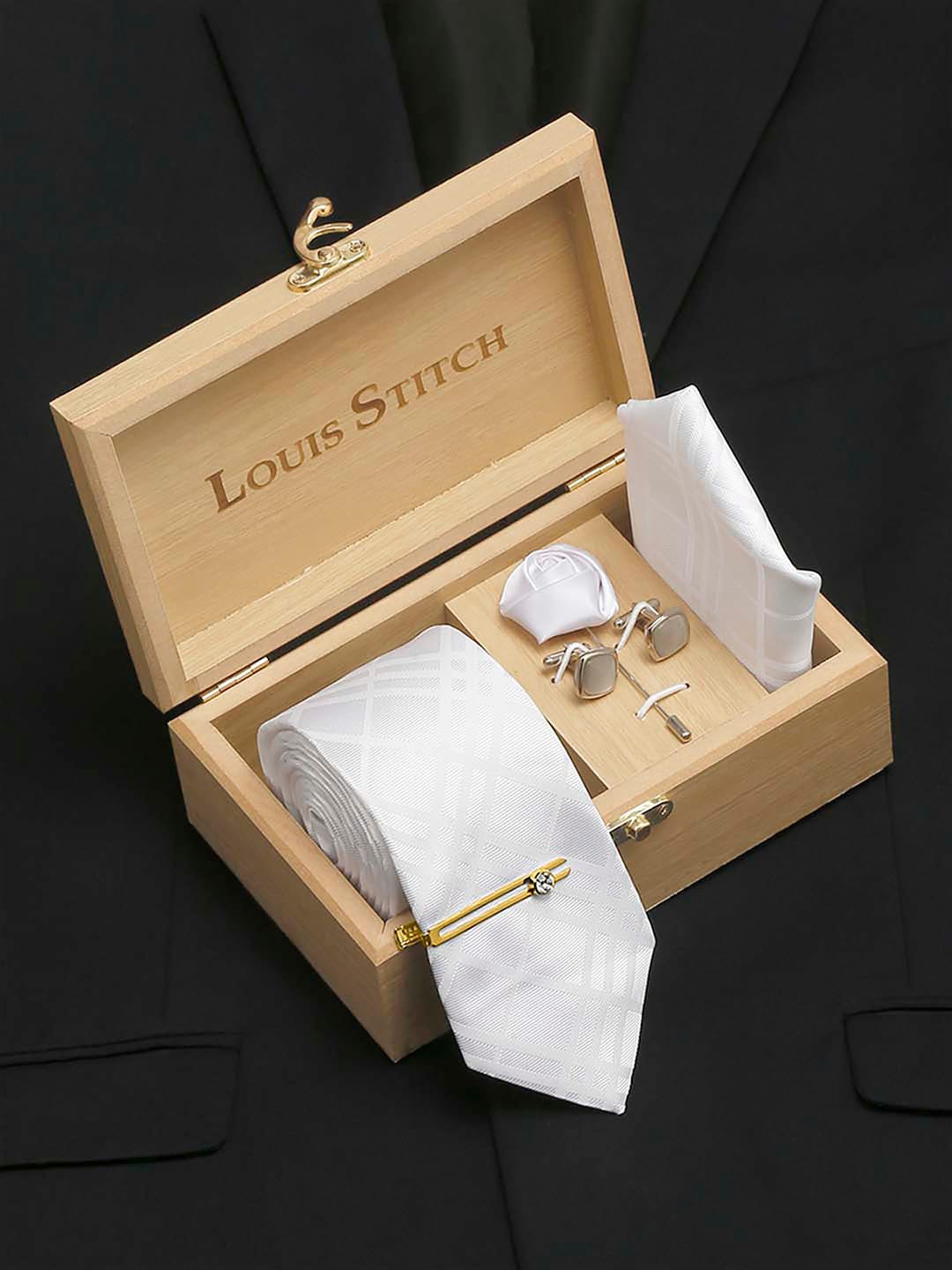 

LOUIS STITCH Men Italian Silk Necktie Accessory Gift Set, White