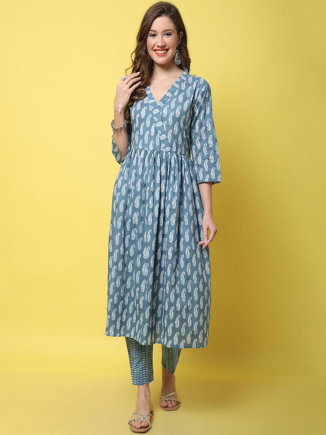 

KALINI Paisley Printed Angrakha Pure Cotton Kurta with Trousers & Dupatta, Blue