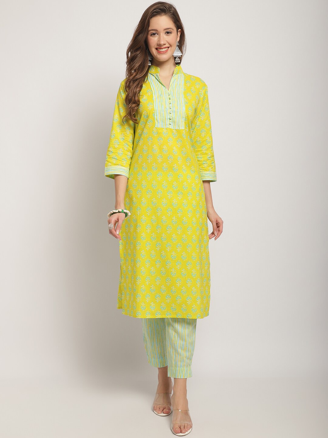 

KALINI Mandarin Collar Floral Printed Pure Cotton Kurta with Trousers & With Dupatta, Yellow