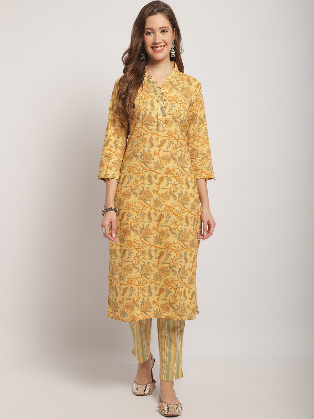 

KALINI Floral Printed Thread Work Shawl Collar Pure Cotton Kurta with Trousers & Dupatta, Mustard