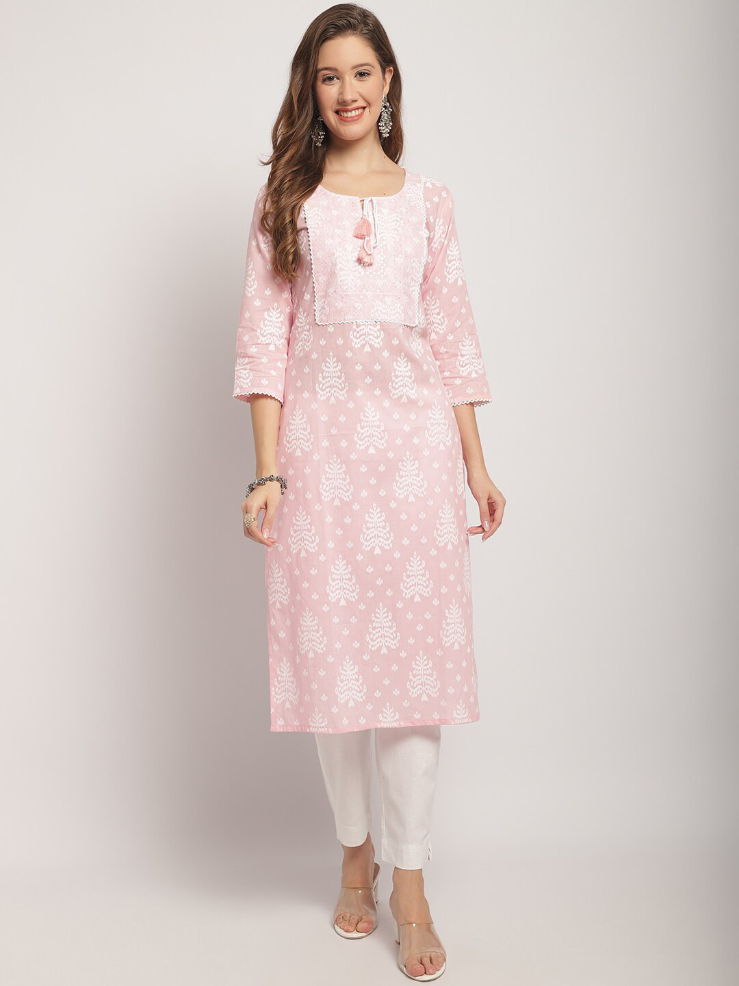 

KALINI Floral Printed Sequinned Pure Cotton Kurta with Trousers & With Dupatta, Pink