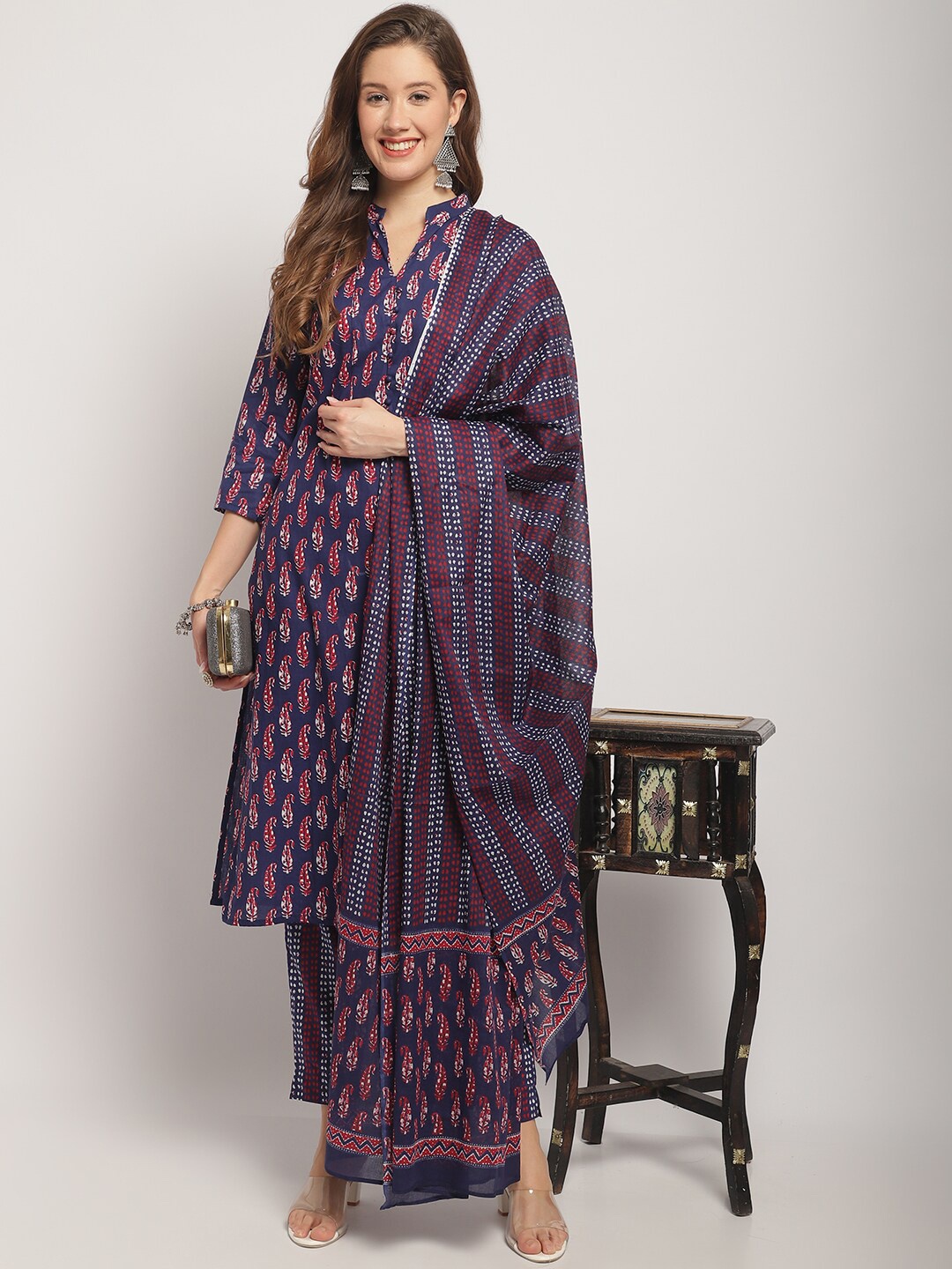 

KALINI Mandarin Collar Paisley Printed Pure Cotton Kurta with Trousers & With Dupatta, Navy blue