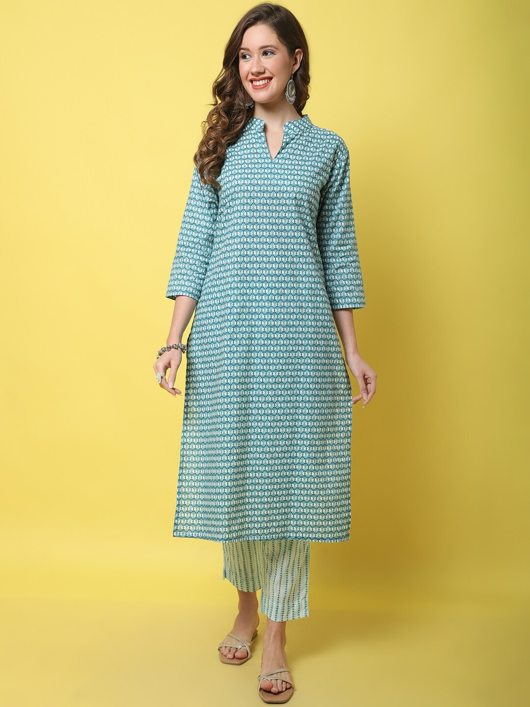 

KALINI Mandarin Collar Floral Printed Pure Cotton Kurta with Trousers & With Dupatta, Turquoise blue