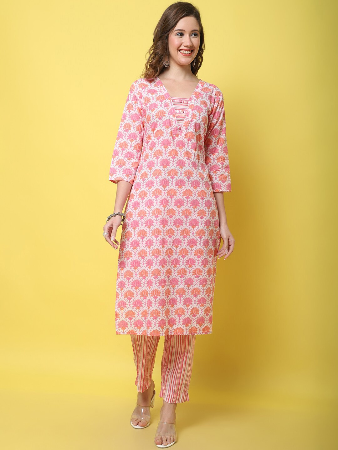 

KALINI Floral Printed Regular Pure Cotton Kurta with Trousers & With Dupatta, Pink