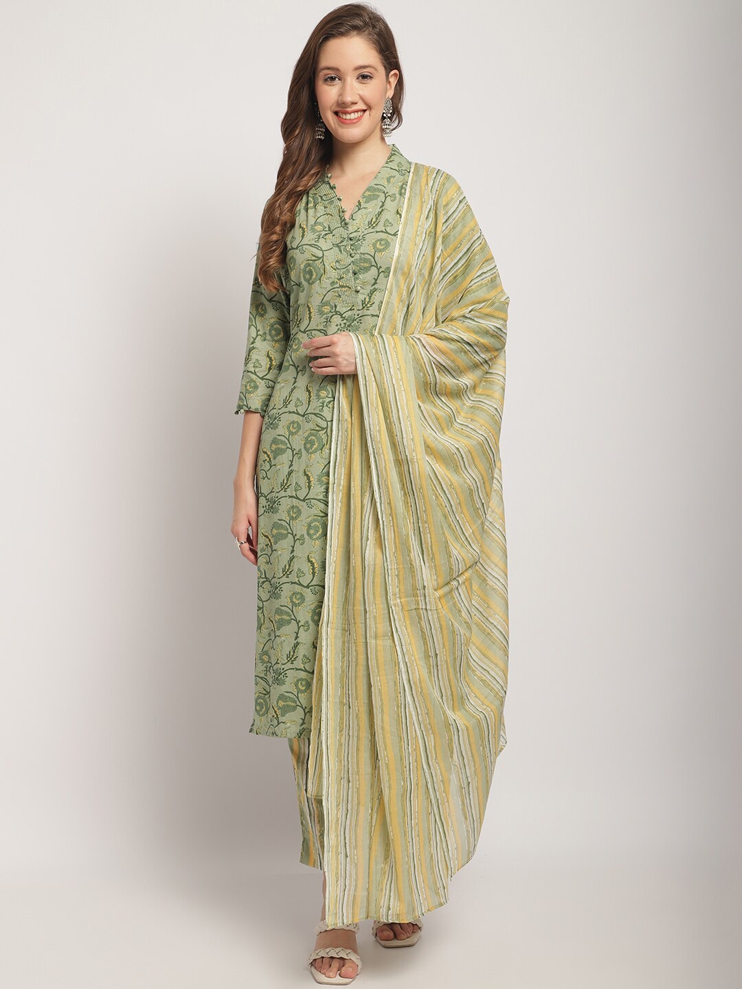 

KALINI Floral Printed Thread Work Pure Cotton Kurta with Trousers & Dupatta, Green
