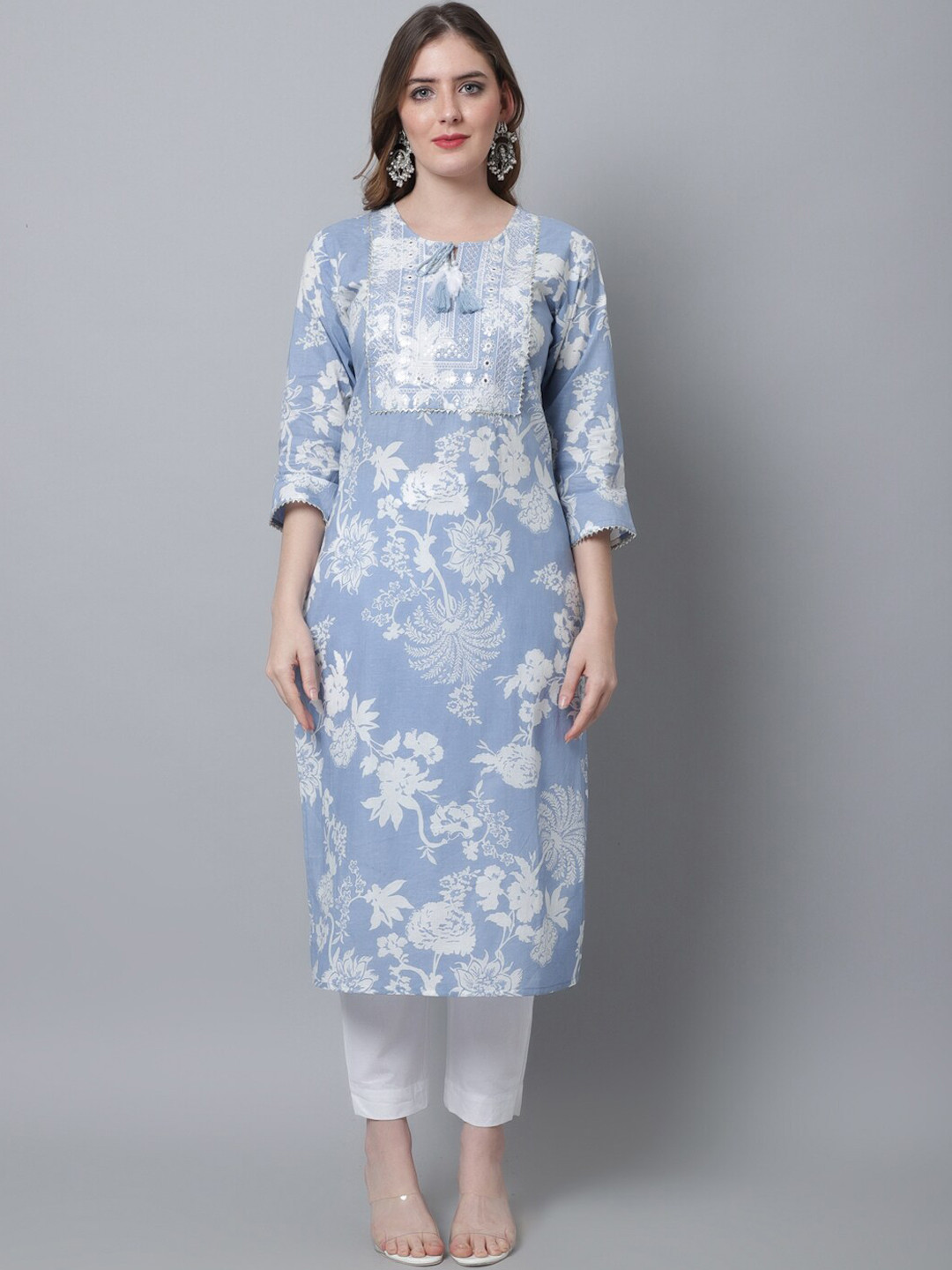 

KALINI Floral Printed Thread Work Pure Cotton Kurta with Trousers & With Dupatta, Blue