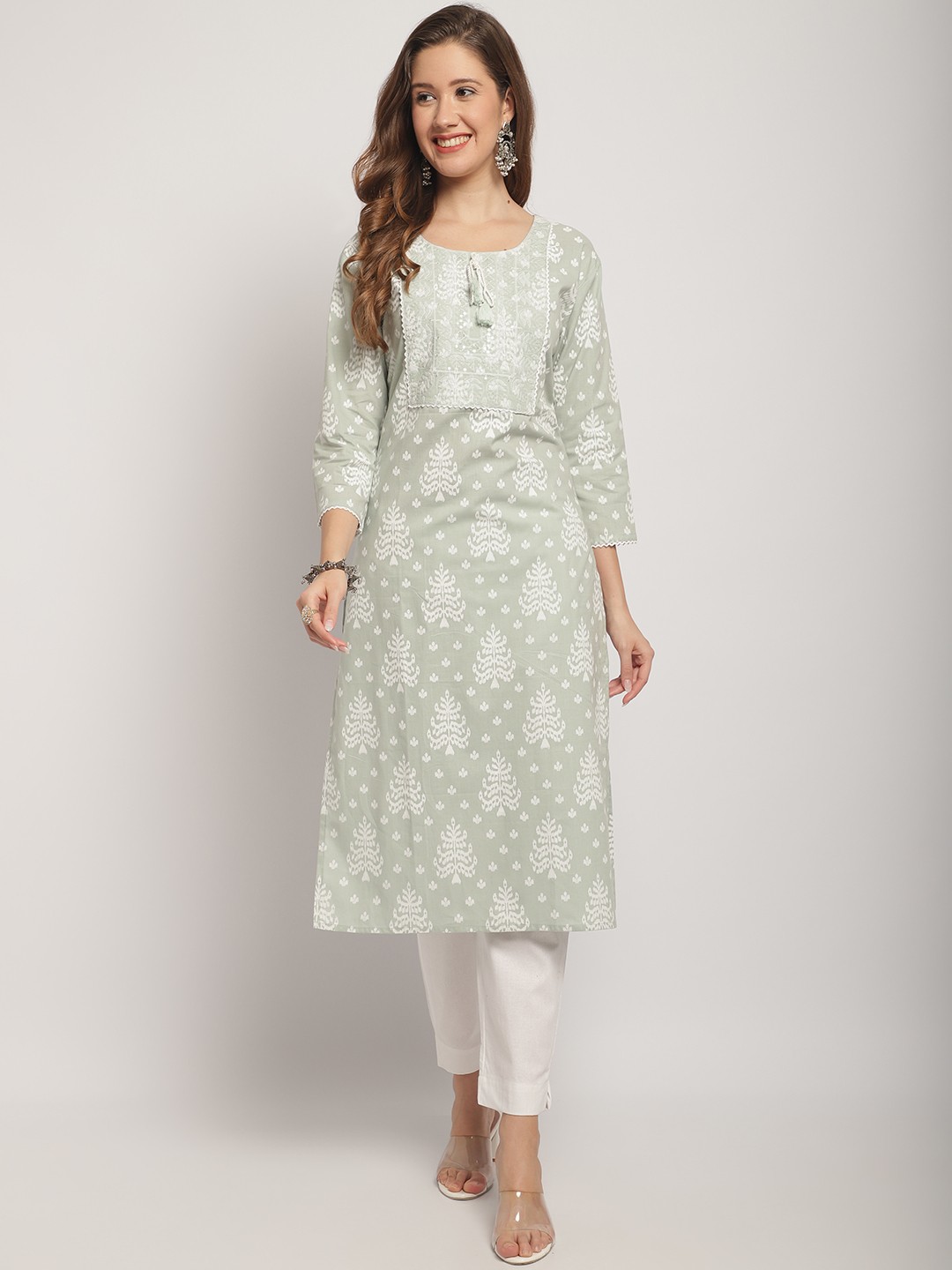 

KALINI Floral Printed Regular Pure Cotton Kurta with Trousers & With Dupatta, Green