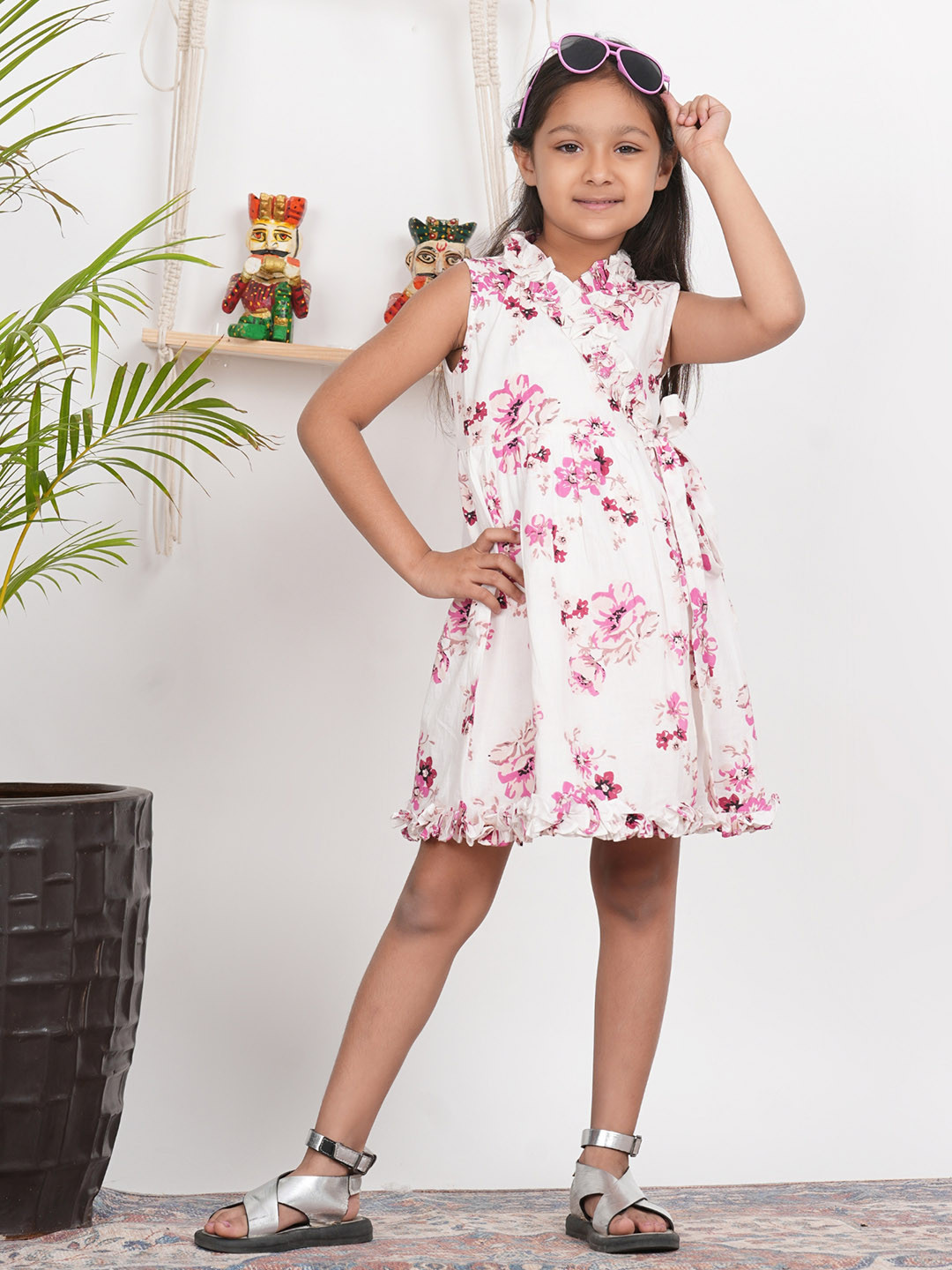 

LIVING ROOTS Girls Floral Printed Ruffled Pure Cotton Wrap Dress, Pink