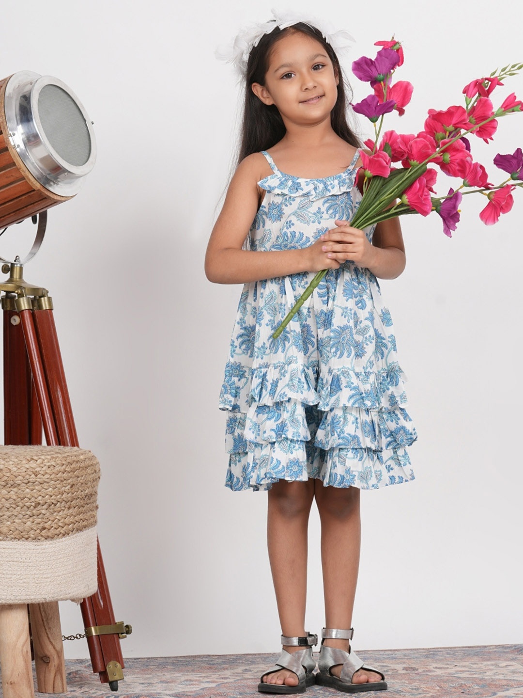 

LIVING ROOTS Girls Floral Printed Layered Pure Cotton A-Line Dress, Blue