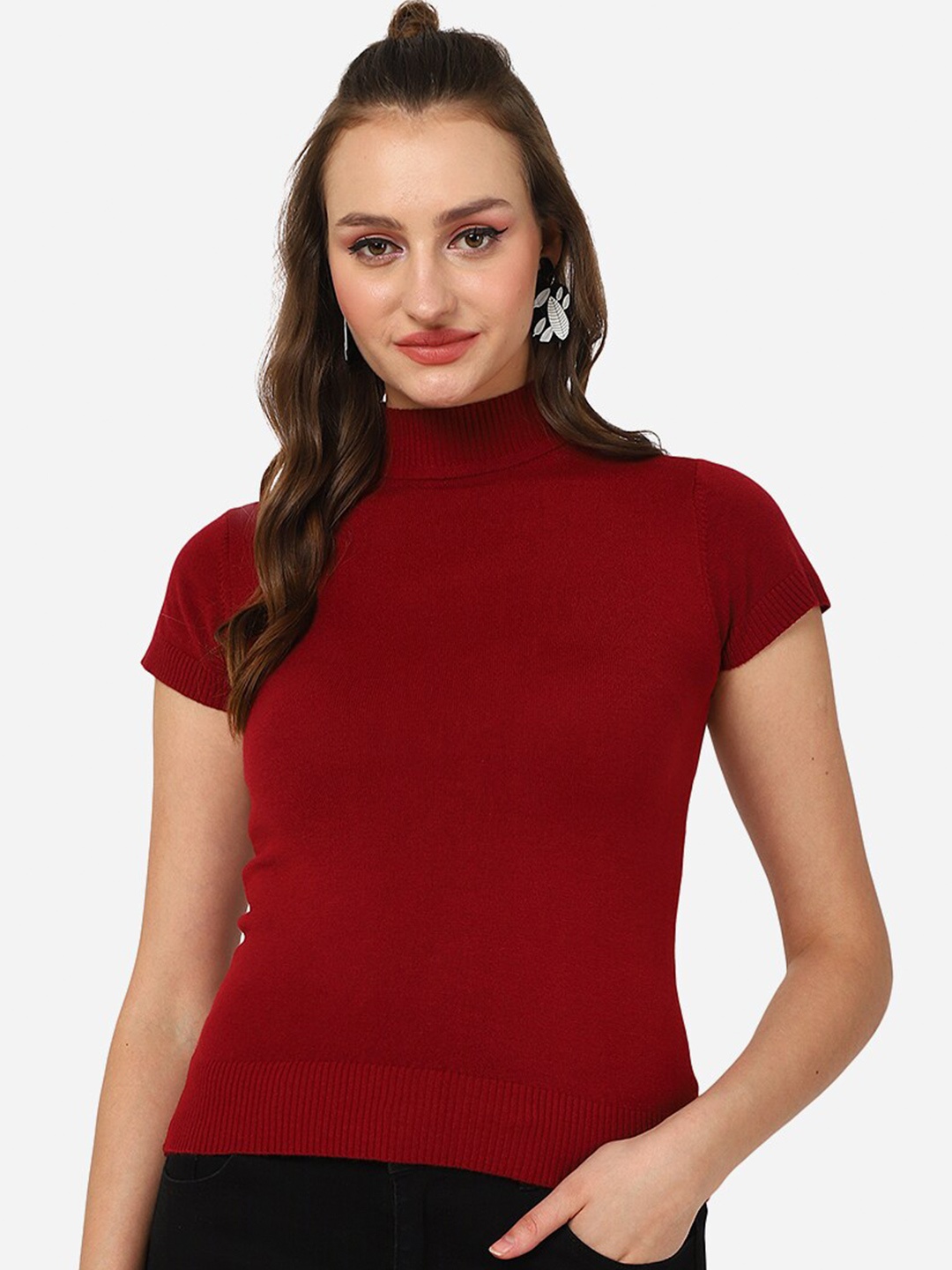 

HSR High Neck Short Sleeves Casual Top, Red