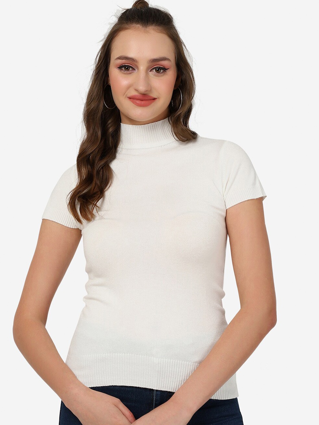 

HSR High Neck Short Sleeves Casual Top, White