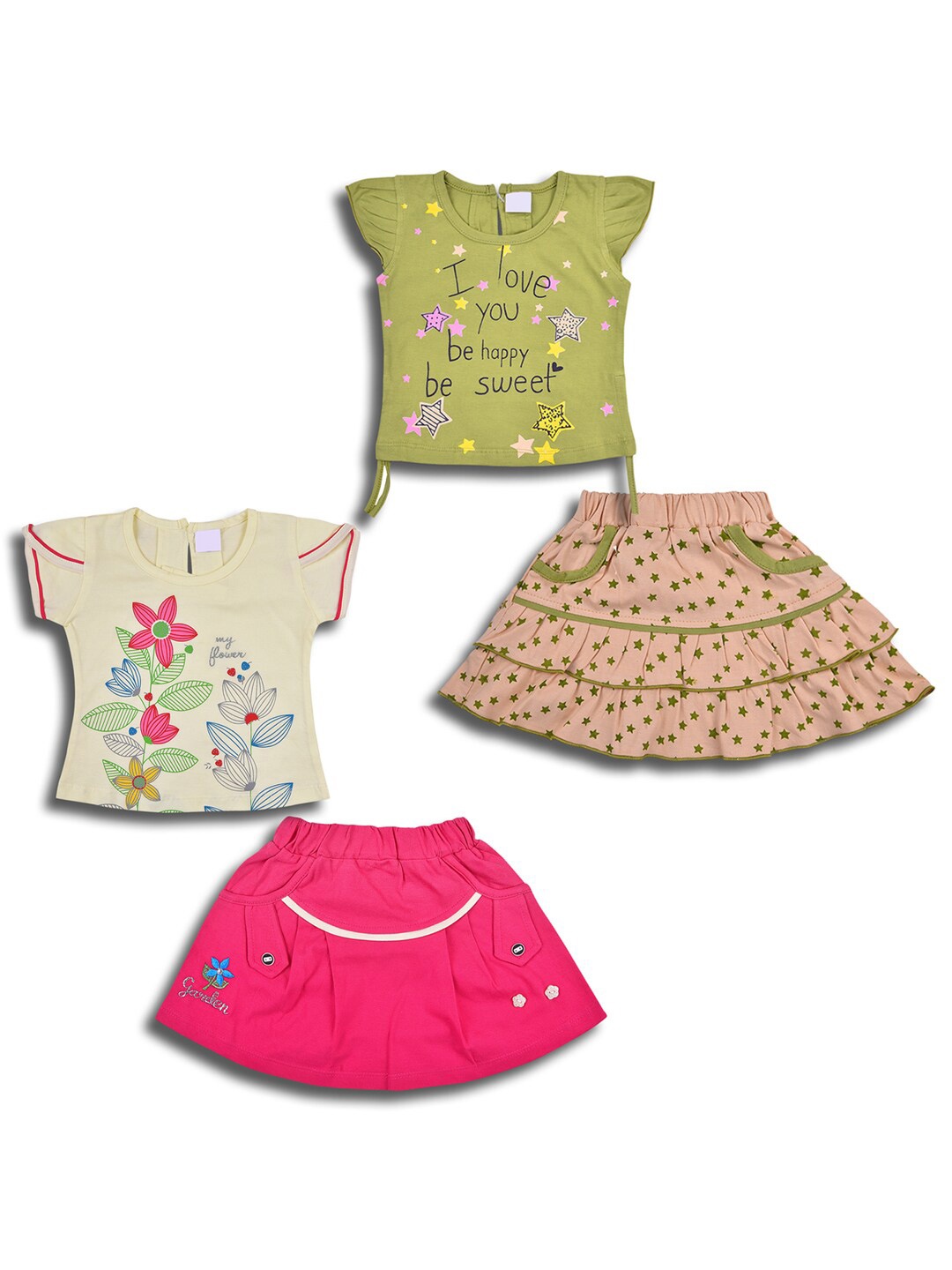 

Wish Karo Girls Pack of 2 Printed Cotton Top with Skirt, Green
