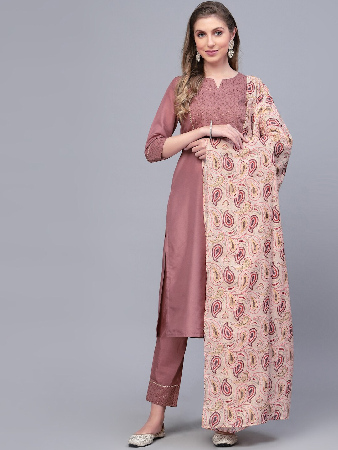 

SKYLEE Floral Printed Yoke Design Kurta With Trousers & Dupatta, Mauve
