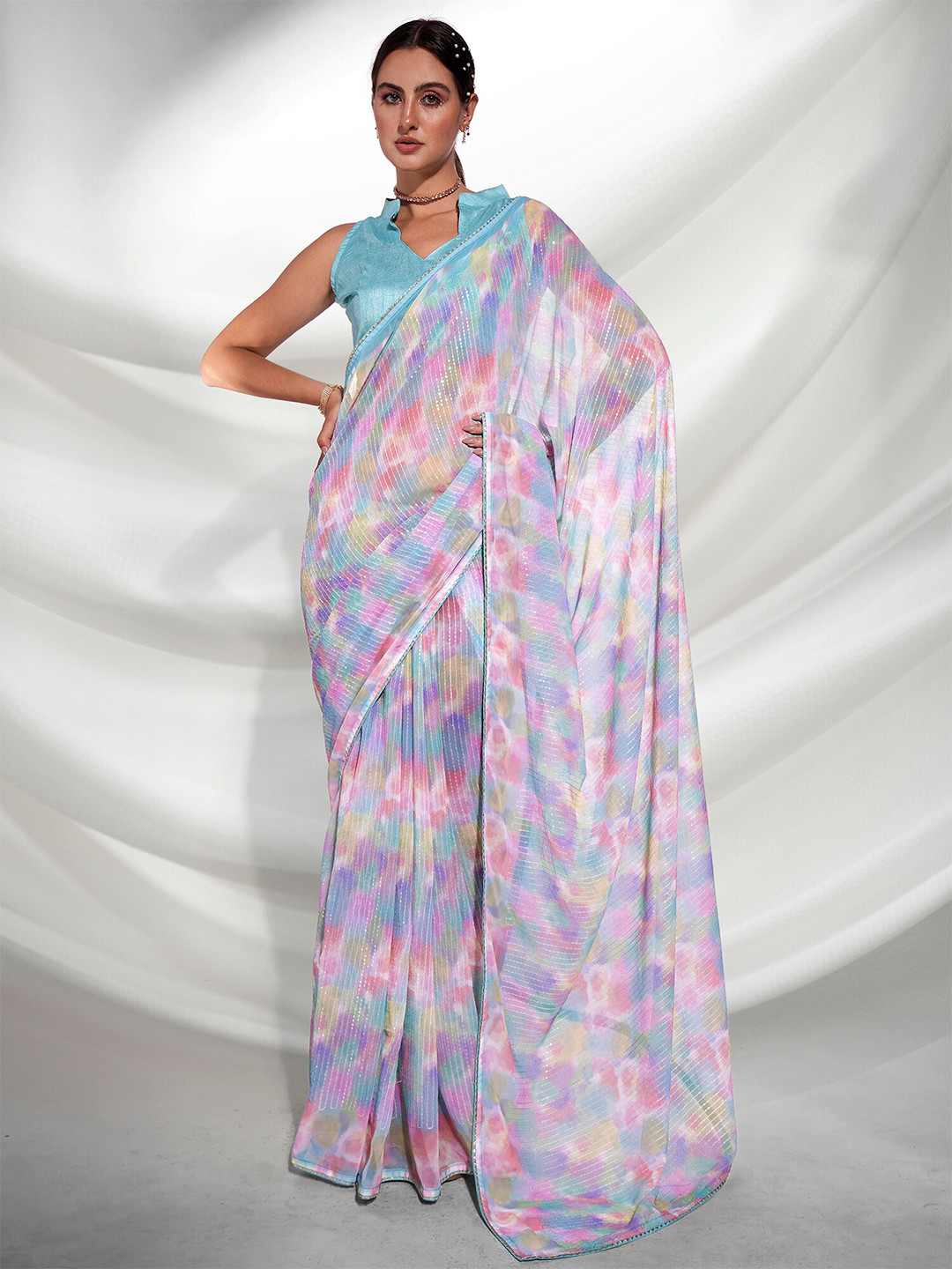 

Kalista Blue & Pink Abstract Printed Sequinned Pure Georgette Saree